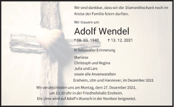 Todesanzeige von Adolf Wendel von saarbruecker_zeitung