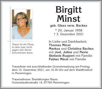 Todesanzeige von Birgitt Minst von saarbruecker_zeitung