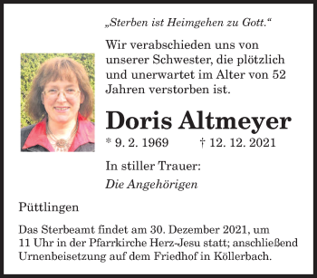 Todesanzeige von Doris Altmeyer von saarbruecker_zeitung