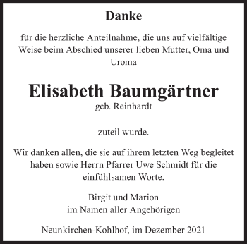 Todesanzeige von Elisabeth Baumgärtner von saarbruecker_zeitung