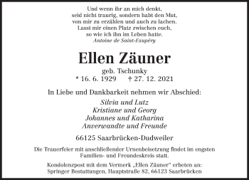 Todesanzeige von Ellen Zäuner von saarbruecker_zeitung