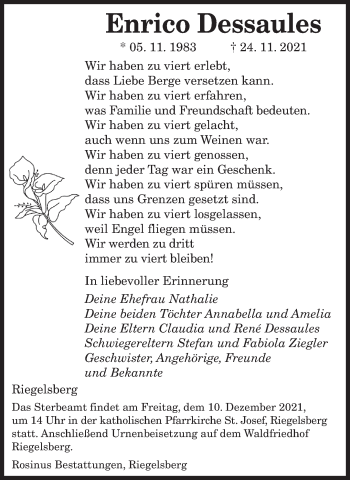 Todesanzeige von Enrico Dessaules von saarbruecker_zeitung