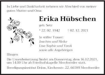Todesanzeige von Erika Hübschen von saarbruecker_zeitung