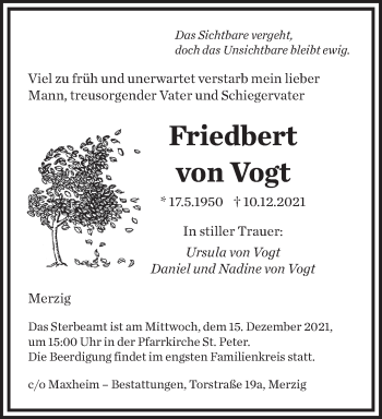 Todesanzeige von Friedbert von Vogt von saarbruecker_zeitung