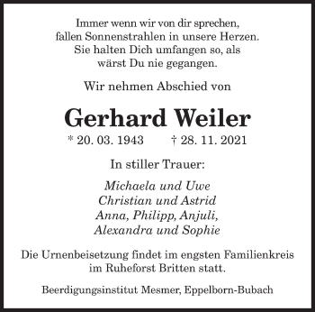 Todesanzeige von Gerhard Weiler von saarbruecker_zeitung