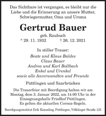 Todesanzeige von Gertrud Bauer von saarbruecker_zeitung