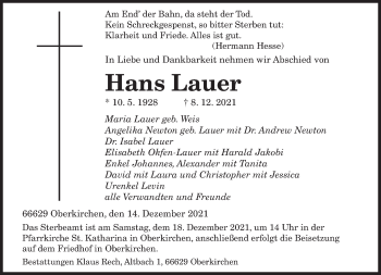 Todesanzeige von Hans Lauer von saarbruecker_zeitung