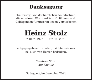Todesanzeige von Heinz Stolz von saarbruecker_zeitung