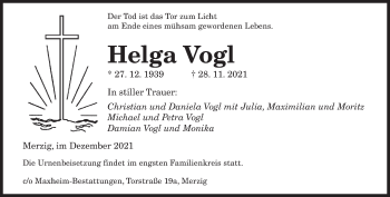 Todesanzeige von Helga Vogl von saarbruecker_zeitung