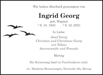 Todesanzeige von Ingrid Georg von saarbruecker_zeitung