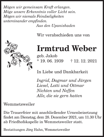 Todesanzeige von Irmtrud Weber von saarbruecker_zeitung