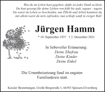 Todesanzeige von Jürgen Hamm von saarbruecker_zeitung