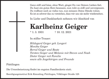 Todesanzeige von Karlheinz Geiger von saarbruecker_zeitung