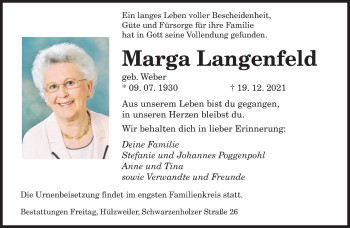 Todesanzeige von Marga Langenfeld von saarbruecker_zeitung