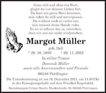 Todesanzeige von Margot Müller von saarbruecker_zeitung