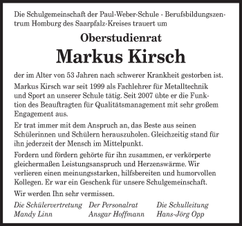 Todesanzeige von Markus Kirsch von saarbruecker_zeitung