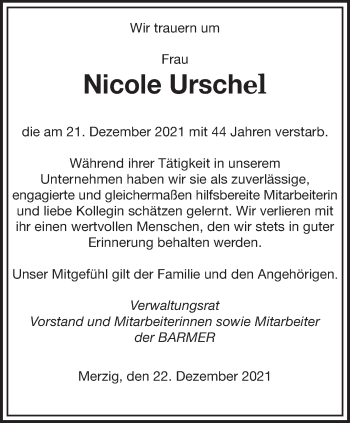 Todesanzeige von Nicole Urschel von saarbruecker_zeitung