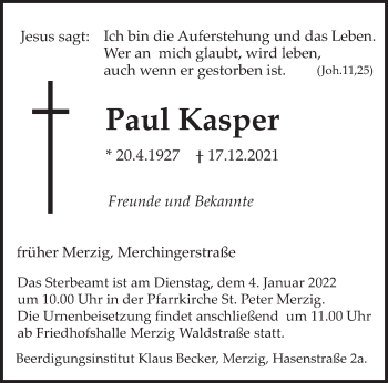 Todesanzeige von Paul Kasper von saarbruecker_zeitung