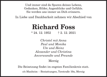 Todesanzeige von Richard Foss von saarbruecker_zeitung
