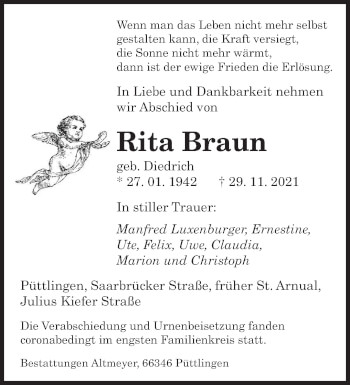 Todesanzeige von Rita Braun von saarbruecker_zeitung