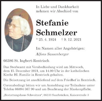 Todesanzeige von Stefanie Schmelzer von saarbruecker_zeitung