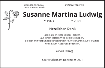 Todesanzeige von Susanne Martina Ludwig von saarbruecker_zeitung