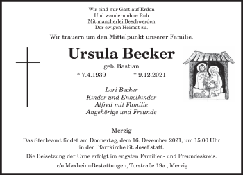 Todesanzeige von Ursula Becker von saarbruecker_zeitung