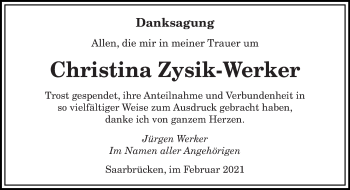 Todesanzeige von Christina Zysik-Werker von saarbruecker_zeitung