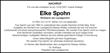 Todesanzeige von Elke Spohn von saarbruecker_zeitung