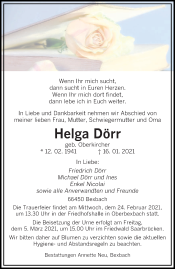 Todesanzeige von Helga Dörr von saarbruecker_zeitung