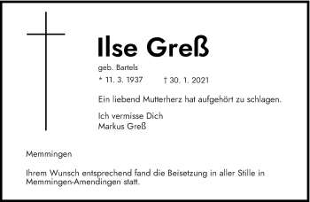Todesanzeige von Ilse Greß von saarbruecker_zeitung