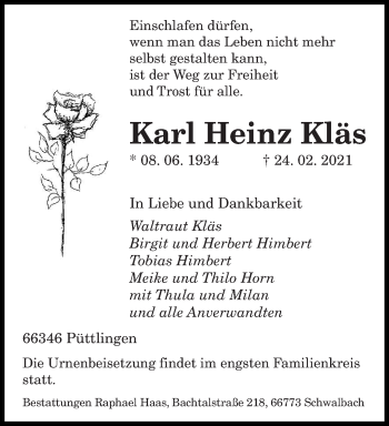 Todesanzeige von Karl Heinz Kläs von saarbruecker_zeitung