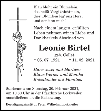 Todesanzeige von Leonie Birtel von saarbruecker_zeitung