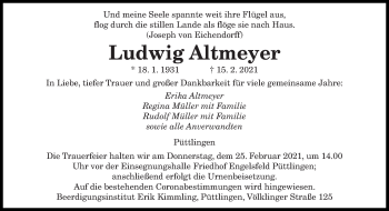 Todesanzeige von Ludwig Altmeyer von saarbruecker_zeitung