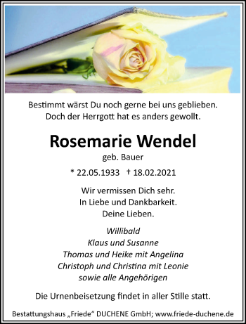 Todesanzeige von Rosemarie Wendel von saarbruecker_zeitung