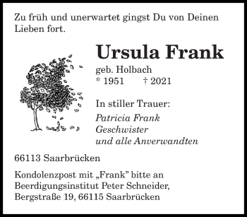 Todesanzeige von Ursula Frank von saarbruecker_zeitung