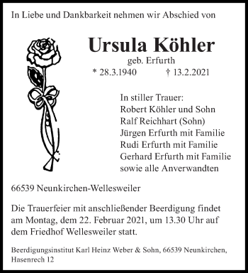 Todesanzeige von Ursula Köhler von saarbruecker_zeitung