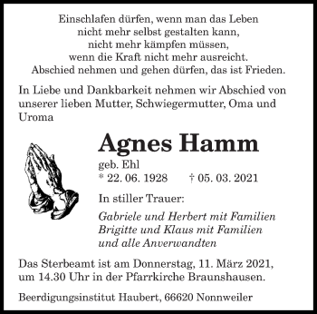 Todesanzeige von Agnes Hamm von saarbruecker_zeitung