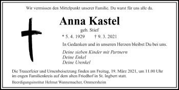 Todesanzeige von Anna Kastel von saarbruecker_zeitung