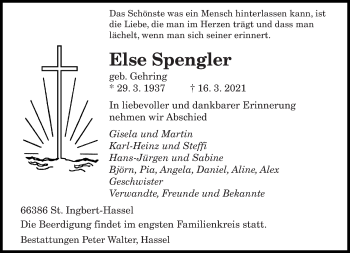 Todesanzeige von Else Spengler von saarbruecker_zeitung