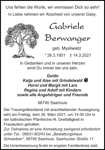 Todesanzeige von Gabriele Berwanger von saarbruecker_zeitung