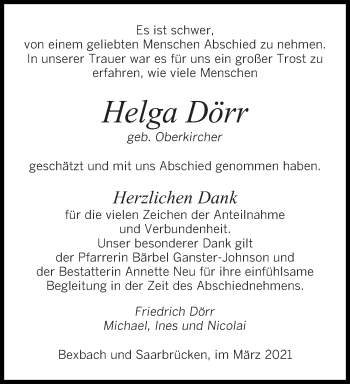 Todesanzeige von Helga Dörr von saarbruecker_zeitung