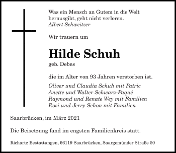 Todesanzeige von Hilde Schuh von saarbruecker_zeitung