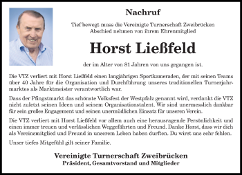 Todesanzeige von Horst Liessfeld von saarbruecker_zeitung