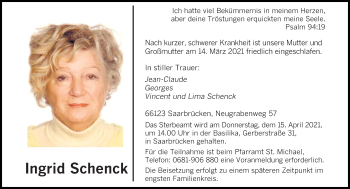 Todesanzeige von Ingrid Schenck von saarbruecker_zeitung