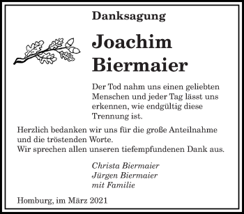 Todesanzeige von Joachim Biermaier von saarbruecker_zeitung