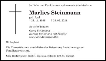 Todesanzeige von Marlies Steinmann von saarbruecker_zeitung