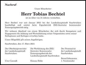 Todesanzeige von Tobias Bechtel von saarbruecker_zeitung