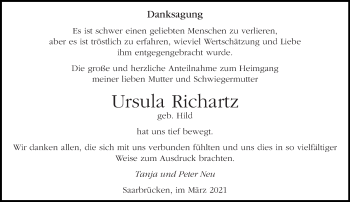 Todesanzeige von Ursula Richartz von saarbruecker_zeitung