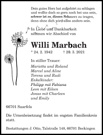 Todesanzeige von Willi Marbach von saarbruecker_zeitung